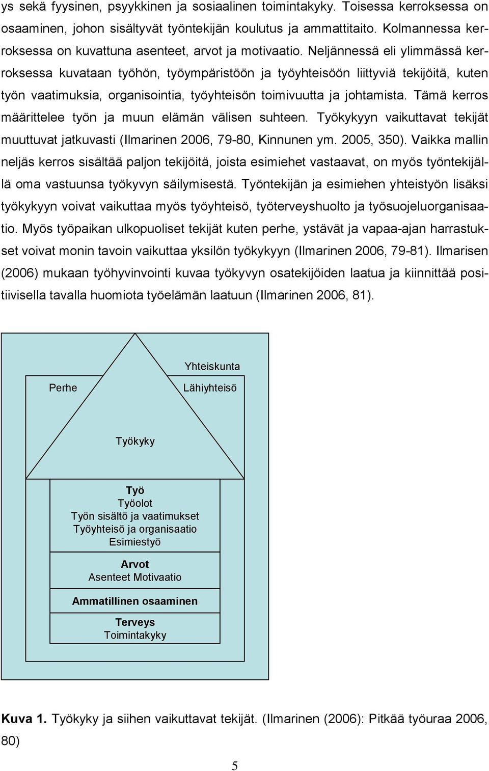 Neljännessä eli ylimmässä kerroksessa kuvataan työhön, työympäristöön ja työyhteisöön liittyviä tekijöitä, kuten työn vaatimuksia, organisointia, työyhteisön toimivuutta ja johtamista.