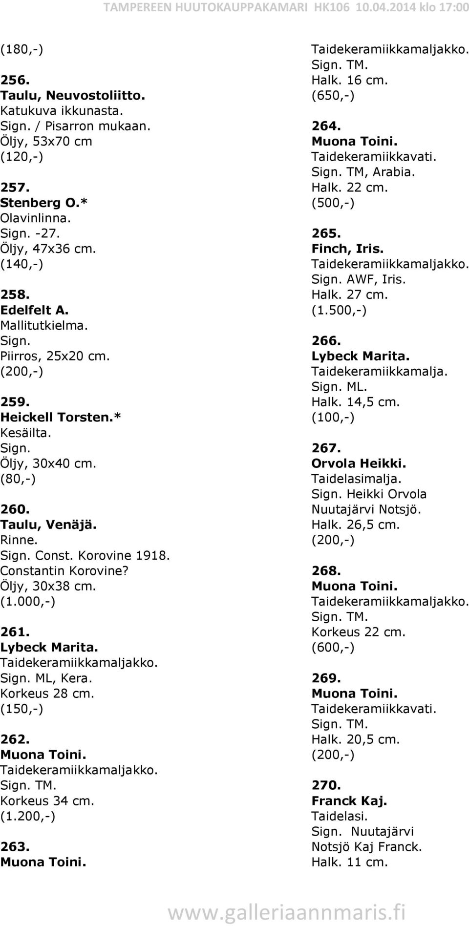 Taidekeramiikkamaljakko. ML, Kera. Korkeus 28 cm. 262. Muona Toini. Taidekeramiikkamaljakko. TM. Korkeus 34 cm. (1.200,-) 263. Muona Toini. Taidekeramiikkamaljakko. TM. Halk. 16 cm. (650,-) 264.