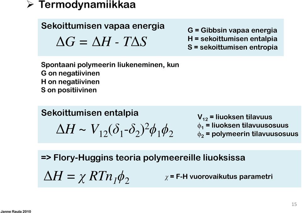 Sekoittumisen entalpia H ~ V 12 (δ 1 -δ 2 ) 2 ϕ 1 ϕ 2 V 12 = liuoksen tilavuus ϕ 1 = liuoksen tilavuusosuus ϕ 2 =