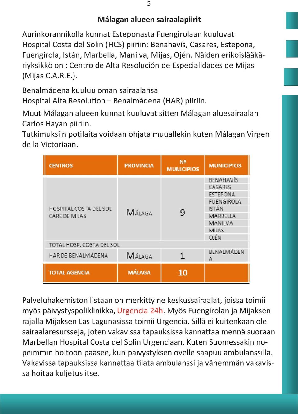 Benalmádena kuuluu oman sairaalansa Hospital Alta Resolution Benalmádena (HAR) piiriin. Muut Málagan alueen kunnat kuuluvat sitten Málagan aluesairaalan Carlos Hayan piiriin.