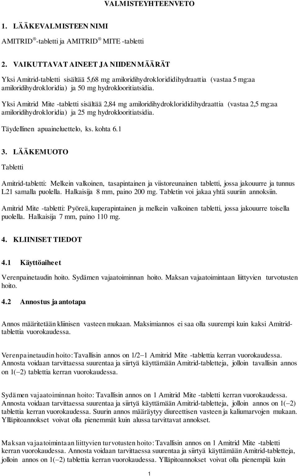 Yksi Amitrid Mite -tabletti sisältää 2,84 mg amiloridihydroklorididihydraattia (vastaa 2,5 mg:aa amiloridihydrokloridia) ja 25 mg hydroklooritiatsidia. Täydellinen apuaineluettelo, ks. kohta 6.1 3.