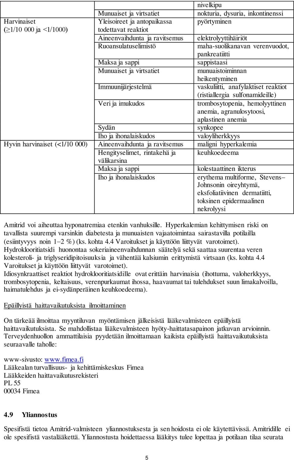 vaskuliitti, anafylaktiset reaktiot (ristiallergia sulfonamideille) Veri ja imukudos trombosytopenia, hemolyyttinen anemia, agranulosytoosi, aplastinen anemia Sydän synkopee Iho ja ihonalaiskudos