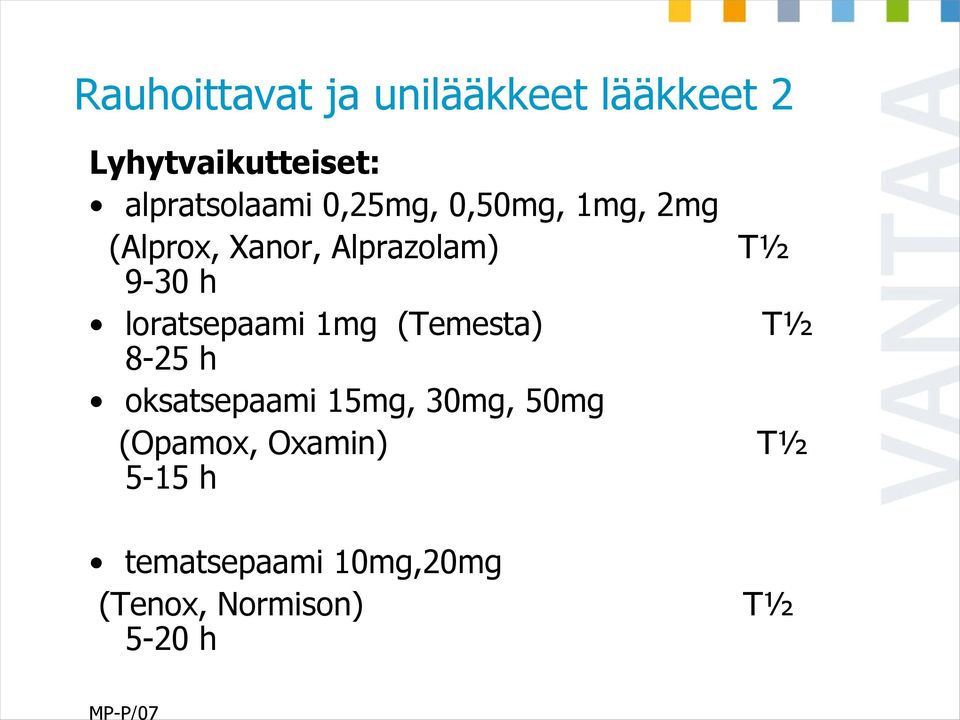 h loratsepaami 1mg (Temesta) 8-25 h oksatsepaami 15mg, 30mg, 50mg