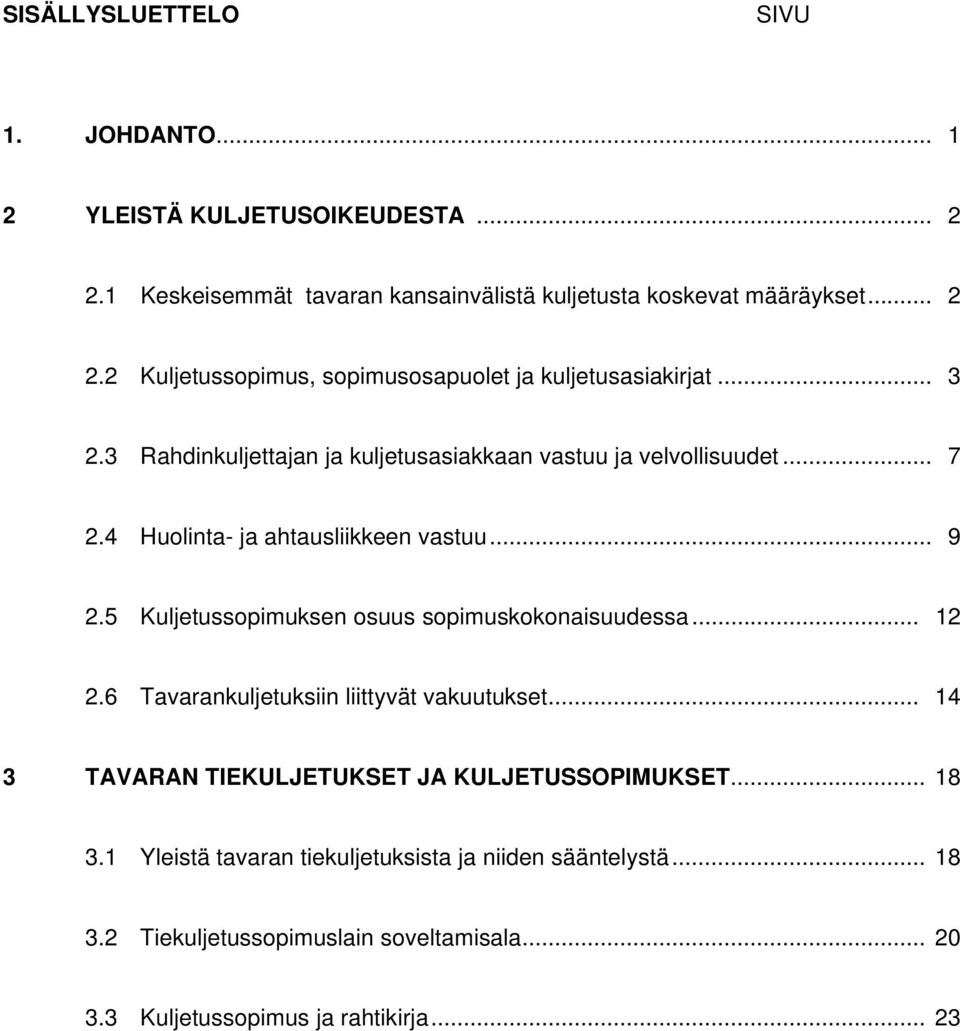 5 Kuljetussopimuksen osuus sopimuskokonaisuudessa... 12 2.6 Tavarankuljetuksiin liittyvät vakuutukset... 14 3 TAVARAN TIEKULJETUKSET JA KULJETUSSOPIMUKSET... 18 3.