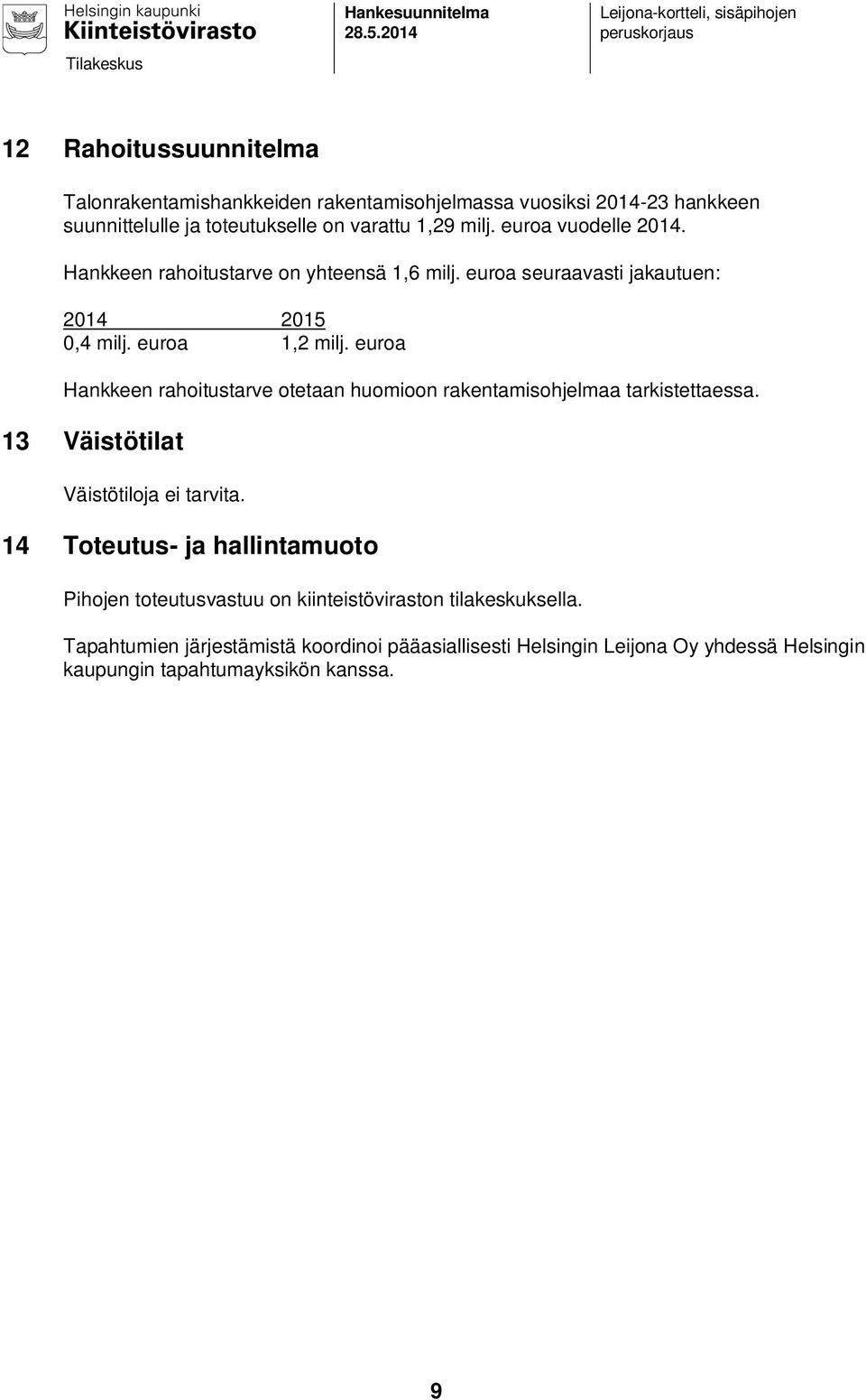 on varattu 1,29 milj. euroa vuodelle 2014. Hankkeen rahoitustarve on yhteensä 1,6 milj. euroa seuraavasti jakautuen: 2014 2015 0,4 milj. euroa 1,2 milj.