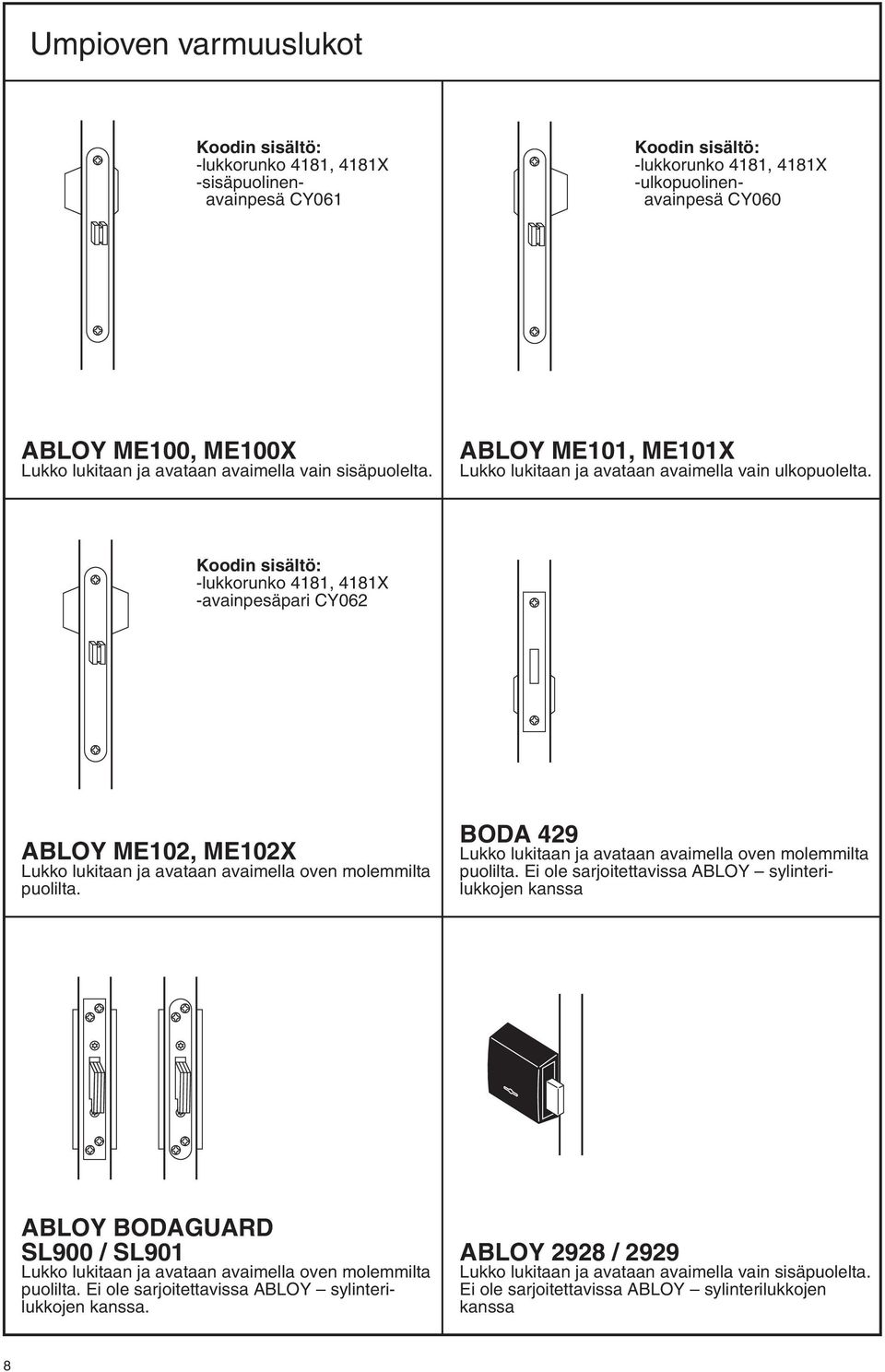 -lukkorunko 4181, 4181X -avainpesäpari CY062 ABLOY ME102, ME102X Lukko lukitaan ja avataan avaimella oven molemmilta puolilta. BODA 429 Lukko lukitaan ja avataan avaimella oven molemmilta puolilta.