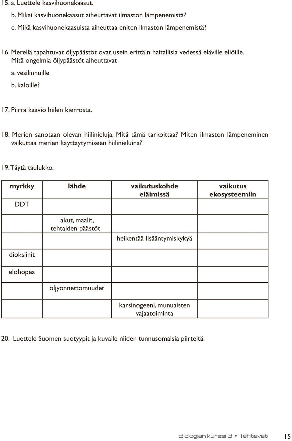 Merien sanotaan olevan hiilinieluja. Mitä tämä tarkoittaa? Miten ilmaston lämpeneminen vaikuttaa merien käyttäytymiseen hiilinieluina? 19. Täytä taulukko.