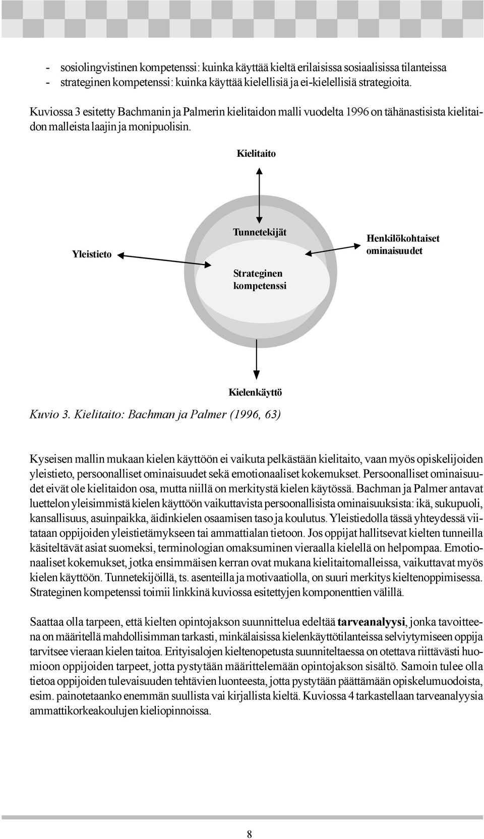 Kielitaito Yleistieto Tunnetekijät Strateginen kompetenssi Henkilökohtaiset ominaisuudet Kielenkäyttö Kuvio 3.