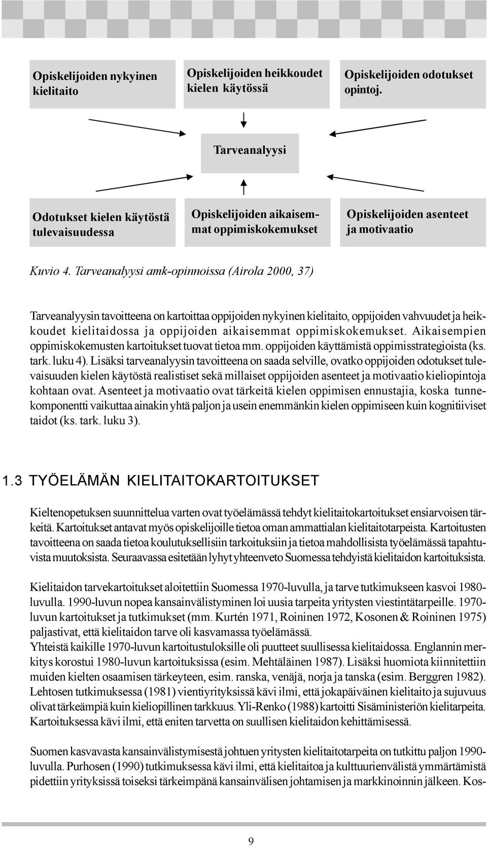 Tarveanalyysi amk-opinnoissa (Airola 2000, 37) Tarveanalyysin tavoitteena on kartoittaa oppijoiden nykyinen kielitaito, oppijoiden vahvuudet ja heikkoudet kielitaidossa ja oppijoiden aikaisemmat