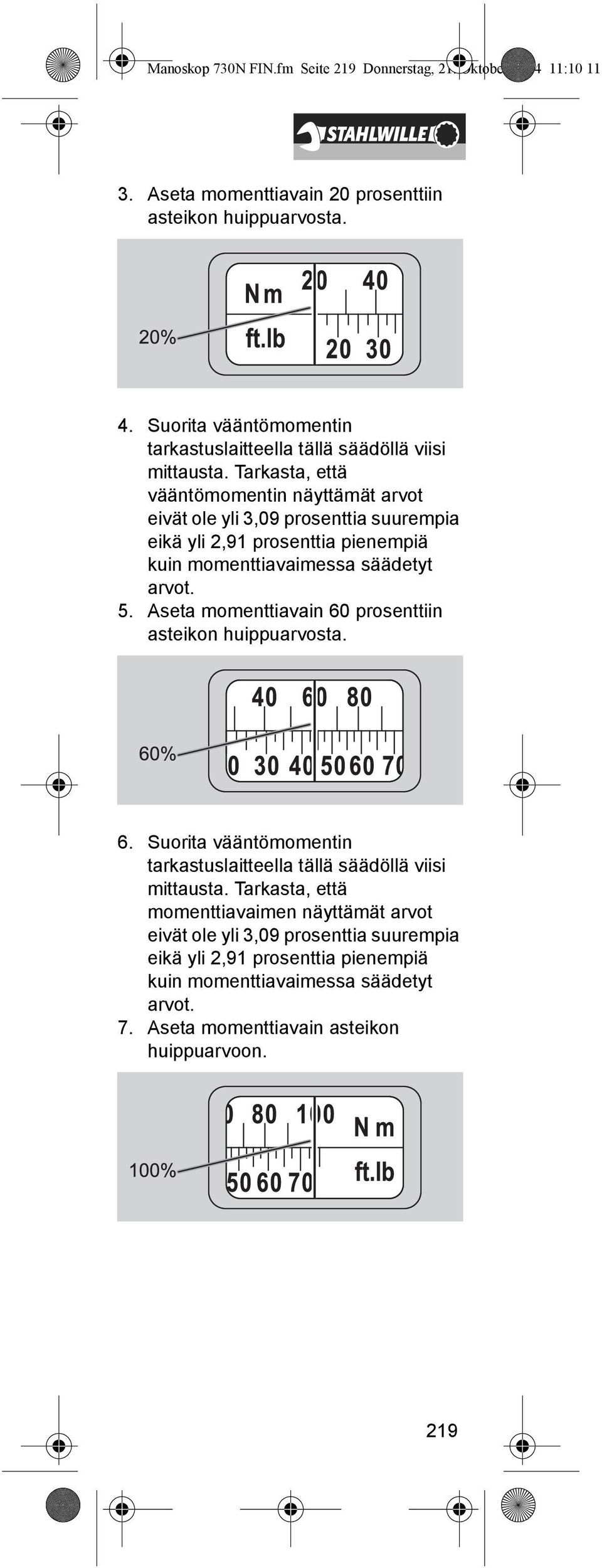 Tarkasta, että vääntömomentin näyttämät arvot eivät ole yli 3,09 prosenttia suurempia eikä yli 2,91 prosenttia pienempiä kuin momenttiavaimessa säädetyt arvot. 5.