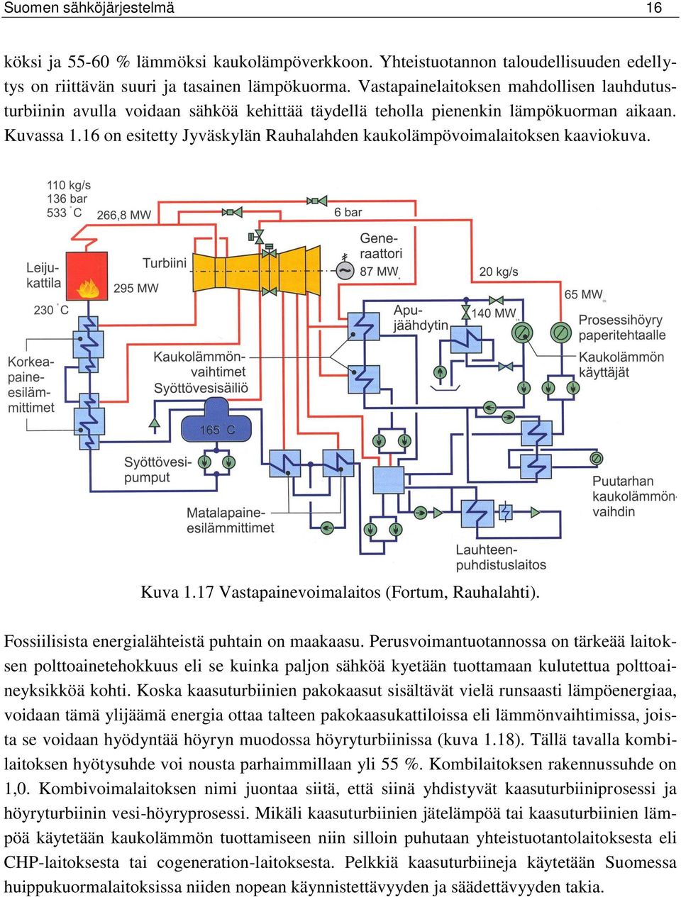 16 on esitetty Jyväskylän Rauhalahden kaukolämpövoimalaitoksen kaaviokuva. Kuva 1.17 Vastapainevoimalaitos (Fortum, Rauhalahti). Fossiilisista energialähteistä puhtain on maakaasu.