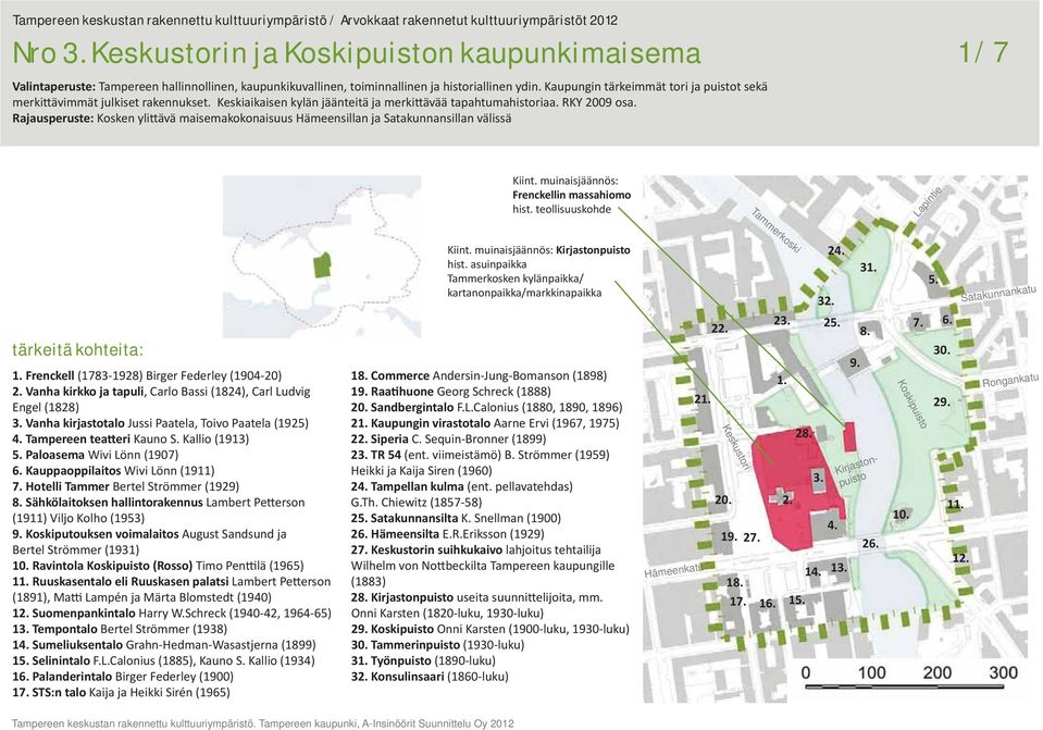 Rajausperuste: Kosken yli ävä maisemakokonaisuus Hämeensillan ja Satakunnansillan välissä 1 / 7 Kiint. muinaisjäännös: Frenckellin massahiomo hist. teollisuuskohde Lapintie tärkeitä kohteita: 1.