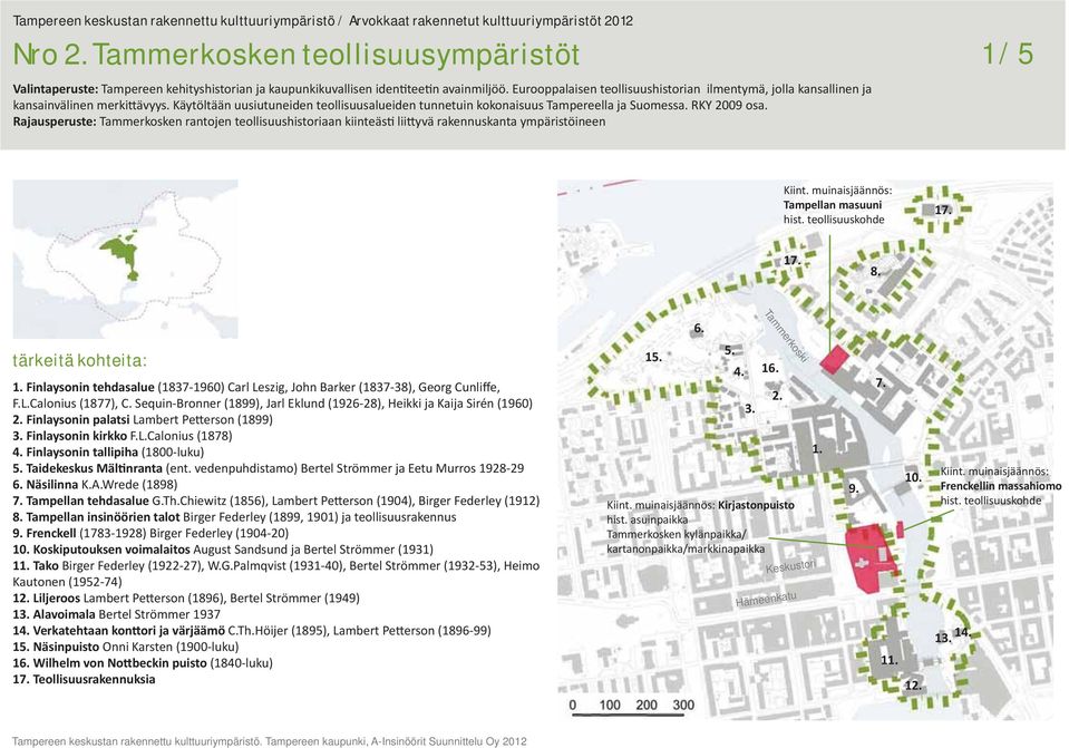 Rajausperuste: Tammerkosken rantojen teollisuushistoriaan kiinteäs lii yvä rakennuskanta ympäristöineen 1 / 5 Kuvaus Kiint. muinaisjäännös: Tampellan masuuni hist. teollisuuskohde 17. 8. 17. Tammerkoski 6.