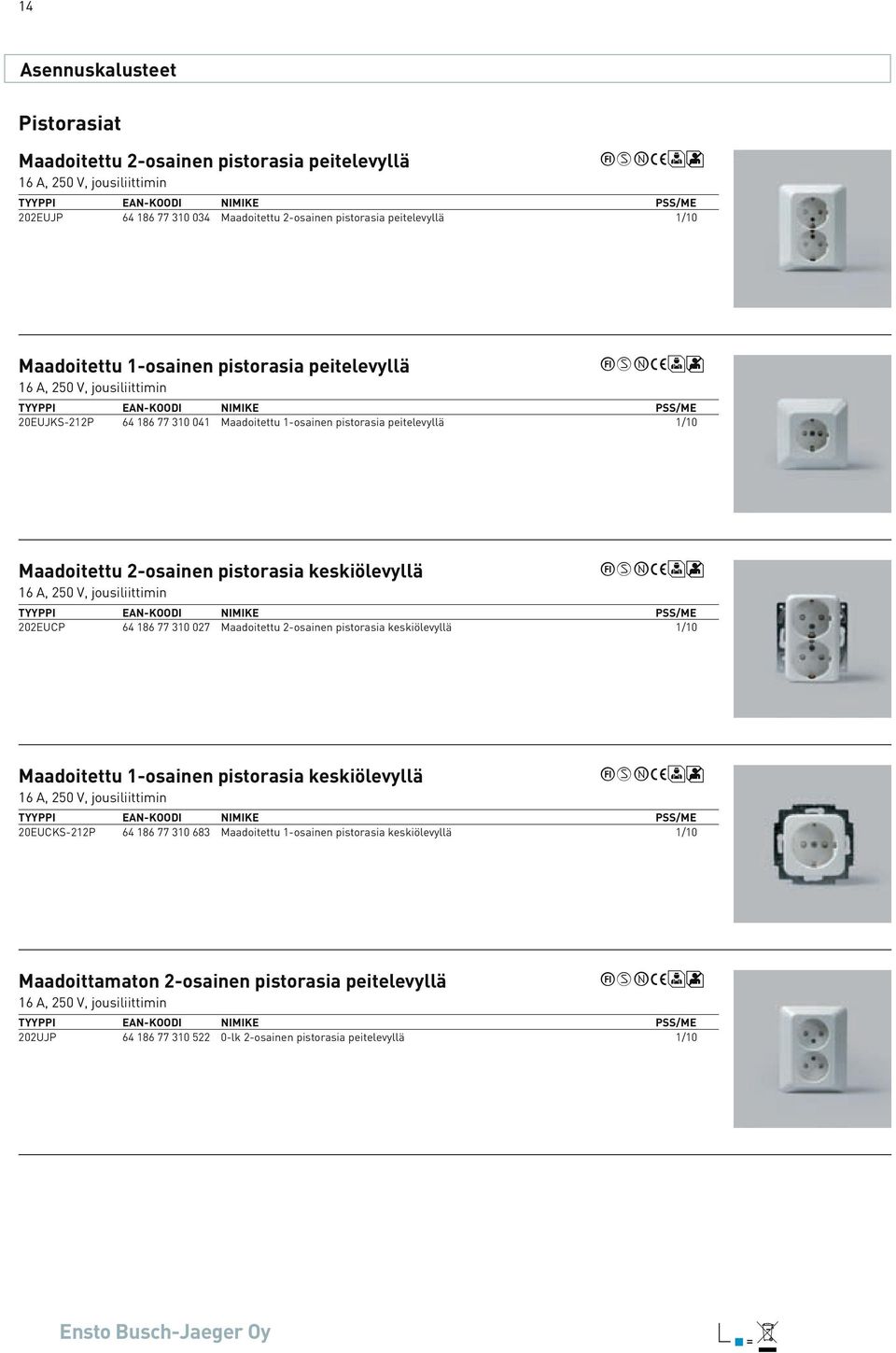 250 V, jousiliittimin 202EUCP 64 186 77 310 027 Maadoitettu 2-osainen pistorasia keskiölevyllä 1/10 Maadoitettu 1-osainen pistorasia keskiölevyllä 16 A, 250 V, jousiliittimin 20EUCKS-212P 64 186 77