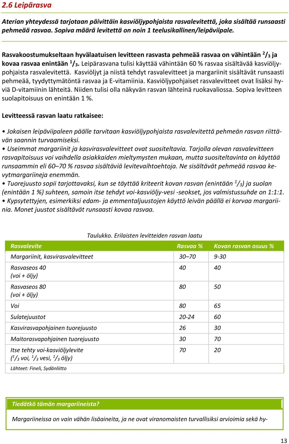 Leipärasvana tulisi käyttää vähintään 60 % rasvaa sisältävää kasviöljypohjaista rasvalevitettä.