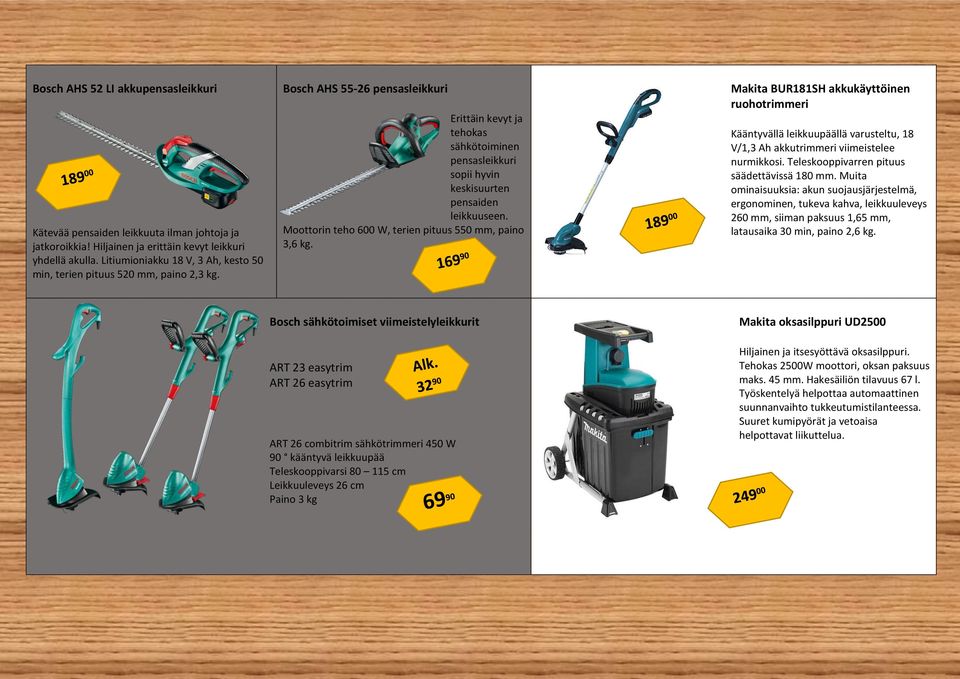 Bosch AHS 55-26 pensasleikkuri Erittäin kevyt ja tehokas sähkötoiminen pensasleikkuri sopii hyvin keskisuurten pensaiden leikkuuseen. Moottorin teho 600 W, terien pituus 550 mm, paino 3,6 kg.