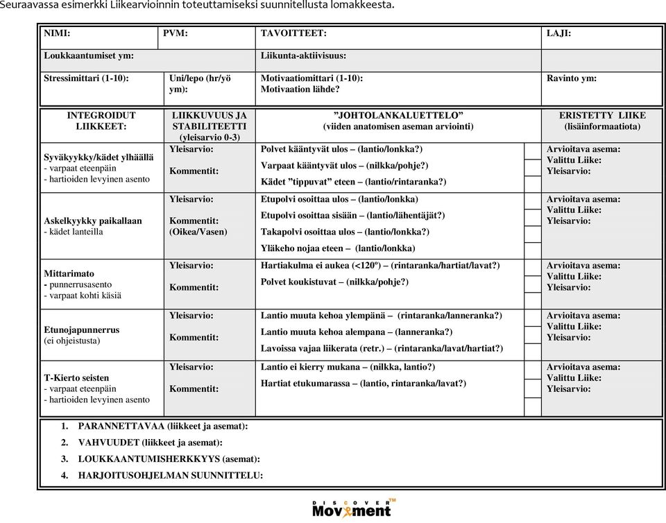 Ravinto ym: INTEGROIDUT LIIKKEET: Syväkyykky/kädet ylhäällä - varpaat eteenpäin - hartioiden levyinen asento LIIKKUVUUS JA STABILITEETTI (yleisarvio 0-3) Yleisarvio: Kommentit: JOHTOLANKALUETTELO