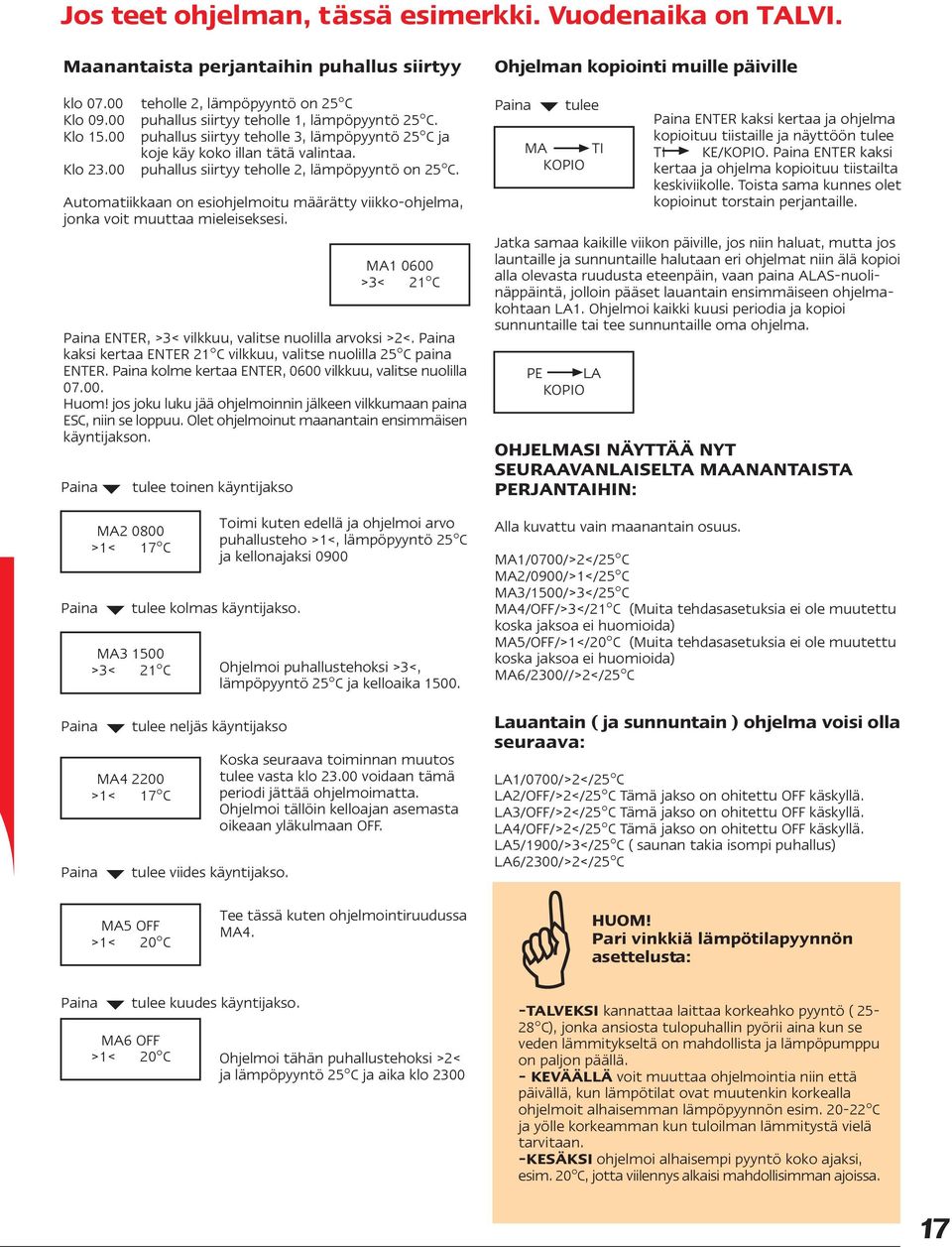 Automatiikkaan on esiohjelmoitu määrätty viikko-ohjelma, jonka voit muuttaa mieleiseksesi.