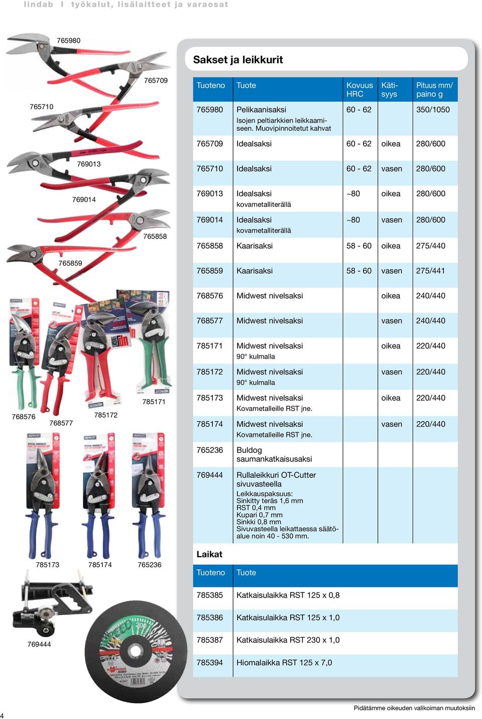 oikea 280/600 765858 769014 Idealsaksi kovametalliterällä ~80 vasen 280/600 765858 Kaarisaksi 58-60 oikea 275/440 765859 765859 Kaarisaksi 58-60 vasen 275/441 768576 Midwest nivelsaksi oikea 240/440