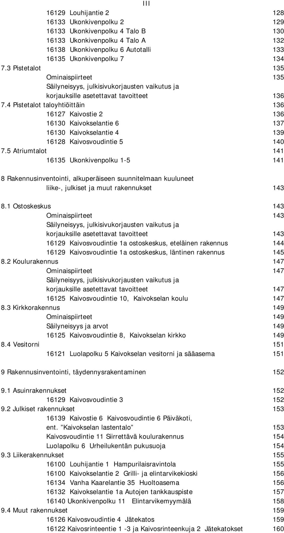 4 Pistetalot taloyhtiöittäin 136 16127 Kaivostie 2 136 16130 Kaivokselantie 6 137 16130 Kaivokselantie 4 139 16128 Kaivosvoudintie 5 140 7.