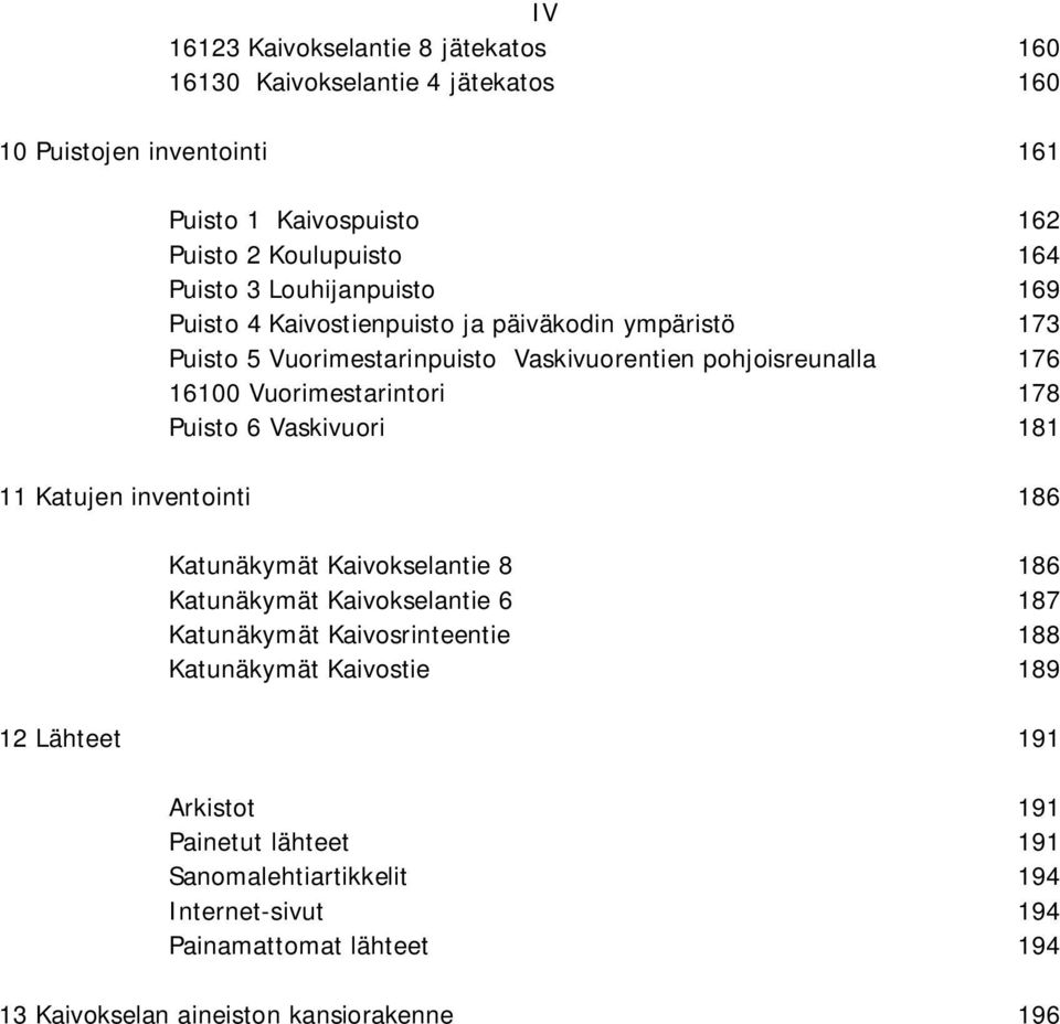 Puisto 6 Vaskivuori 181 11 Katujen inventointi 186 Katunäkymät Kaivokselantie 8 186 Katunäkymät Kaivokselantie 6 187 Katunäkymät Kaivosrinteentie 188 Katunäkymät