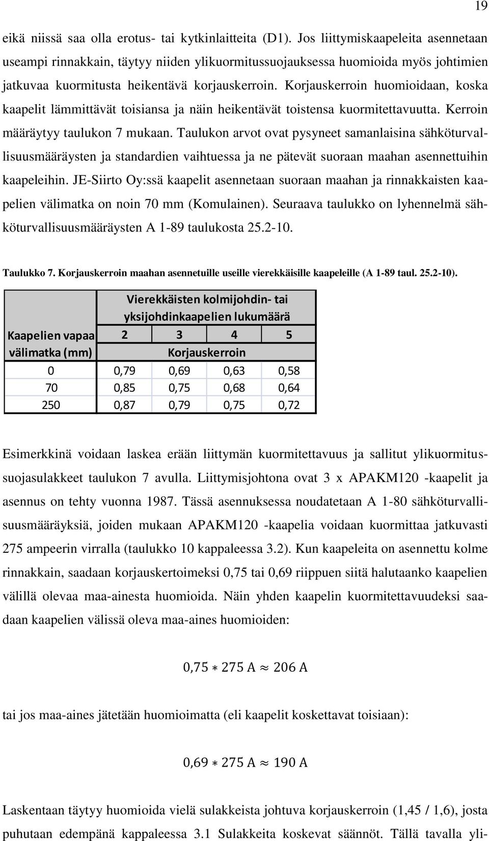 Korjauskerroin huomioidaan, koska kaapelit lämmittävät toisiansa ja näin heikentävät toistensa kuormitettavuutta. Kerroin määräytyy taulukon 7 mukaan.