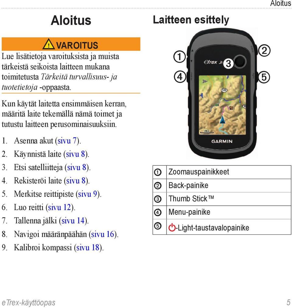 Käynnistä laite (sivu 8). 3. Etsi satelliitteja (sivu 8). 4. Rekisteröi laite (sivu 8). 5. Merkitse reittipiste (sivu 9). 6. Luo reitti (sivu 12). 7.