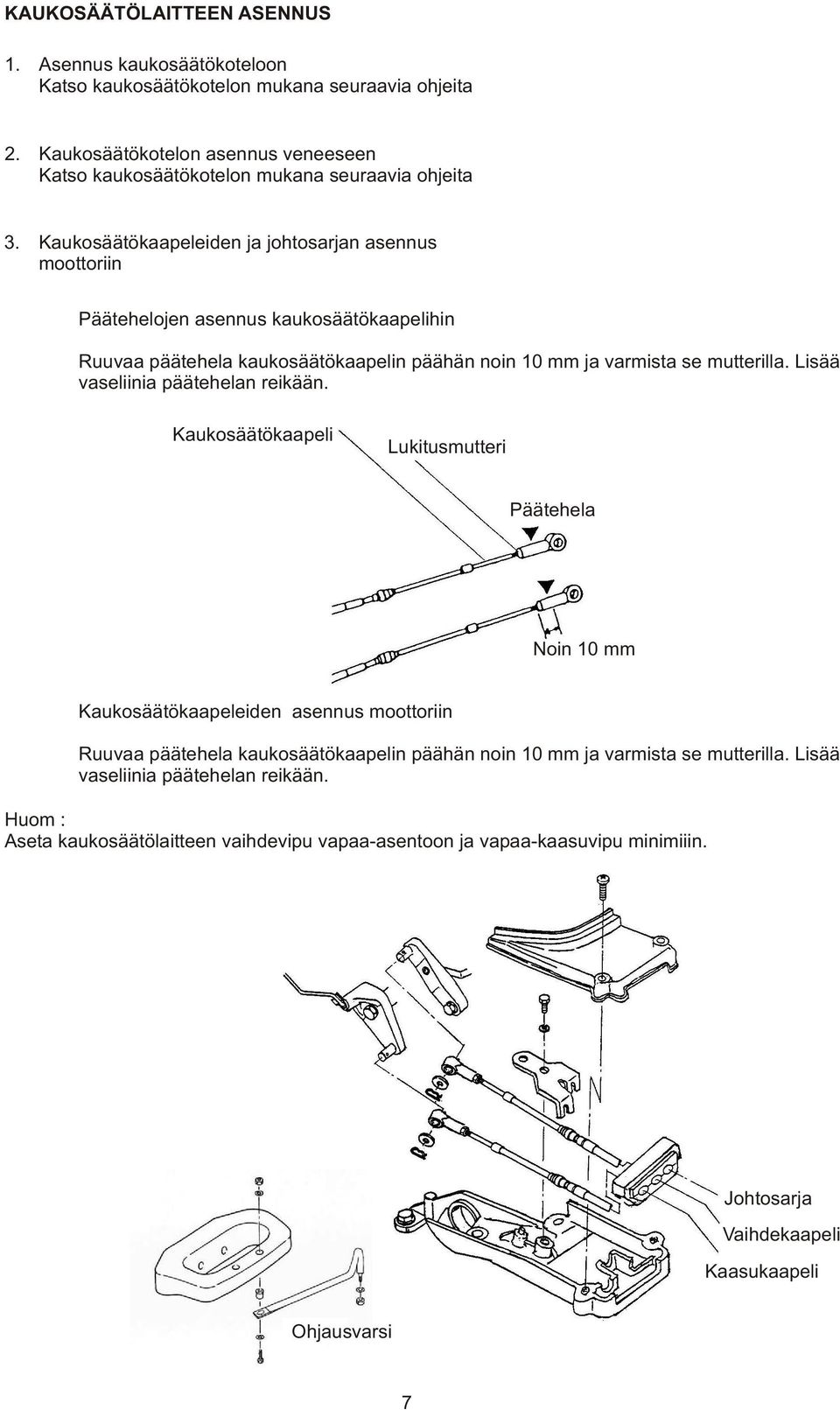 Kaukosäätökaapeleiden ja johtosarjan asennus moottoriin Päätehelojen asennus kaukosäätökaapelihin Ruuvaa päätehela kaukosäätökaapelin päähän noin 10 mm ja varmista se mutterilla.