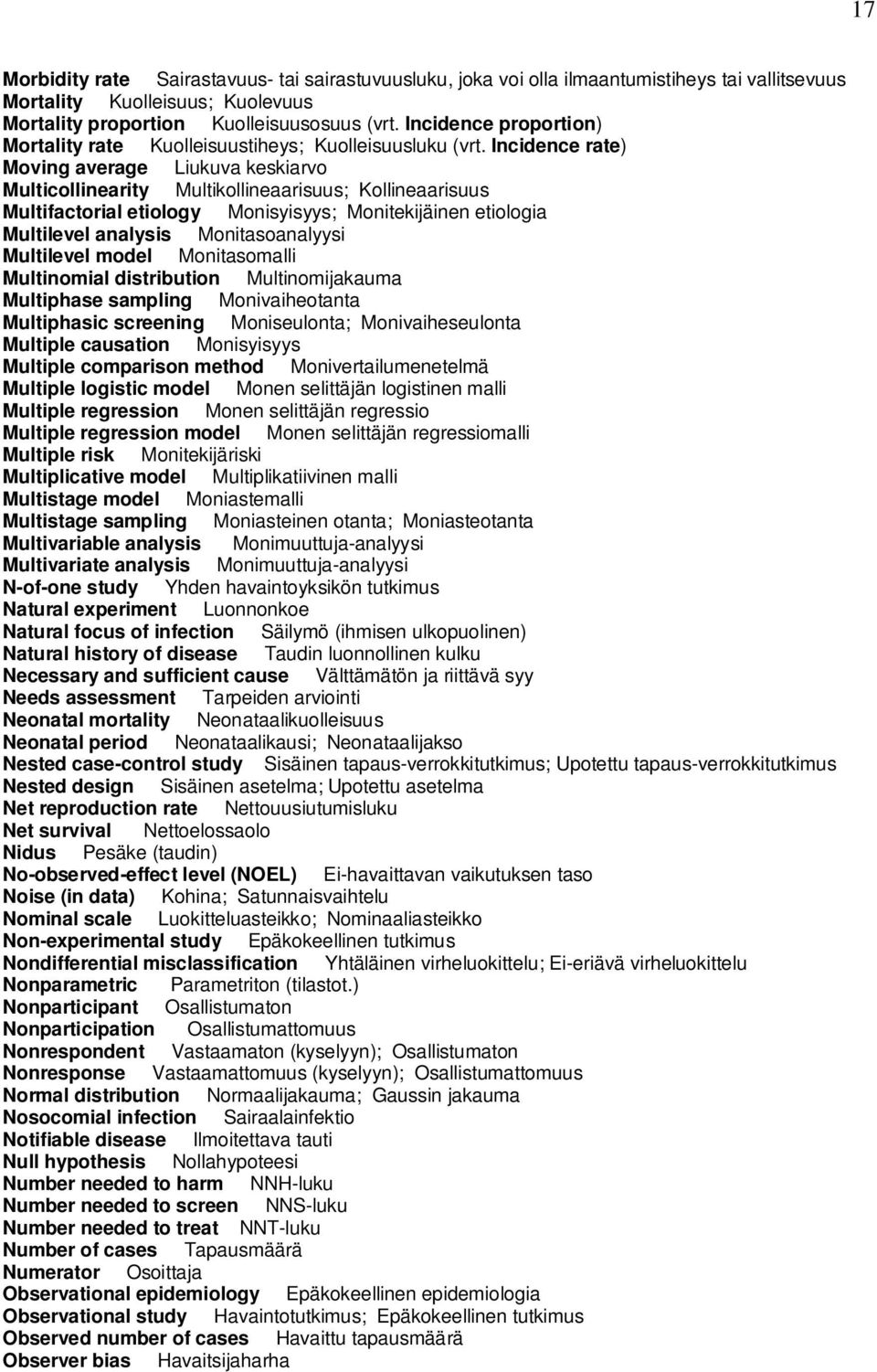 Incidence rate) Moving average Liukuva keskiarvo Multicollinearity Multikollineaarisuus; Kollineaarisuus Multifactorial etiology Monisyisyys; Monitekijäinen etiologia Multilevel analysis