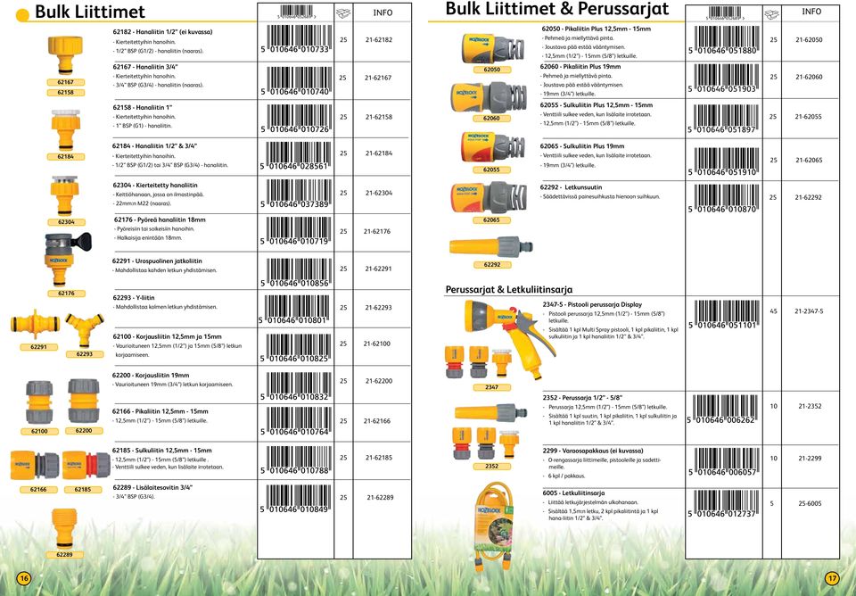 25 21-62050 62167 62158 62167 - Hanaliitin 3/4 - Kierteitettyihin hanoihin. - 3/4 BSP (G3/4) - hanaliitin (naaras). 25 21-62167 62050 62060 - Pikaliitin Plus 19mm - Pehmeä ja miellyttävä pinta.