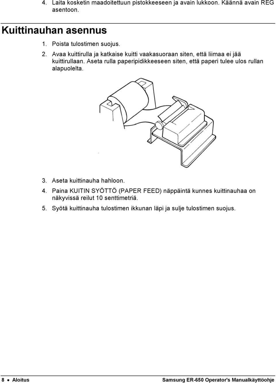 Aseta rulla paperipidikkeeseen siten, että paperi tulee ulos rullan alapuolelta. 3. Aseta kuittinauha hahloon. 4.