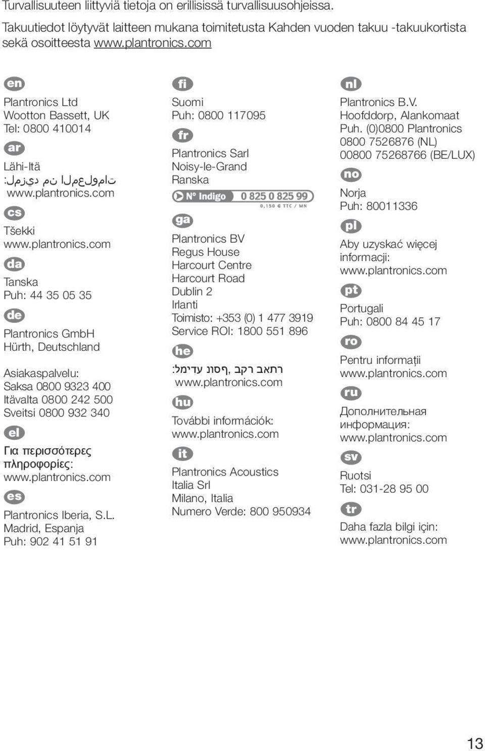 da Tanska Puh: 44 35 05 35 de Plantronics GmbH Hürth, Deutschland Asiakaspalvelu: Saksa 0800 9323 400 Itävalta 0800 242 500 Sveitsi 0800 932 340 el Για περισσότερες πληροφορίες: es Plantronics