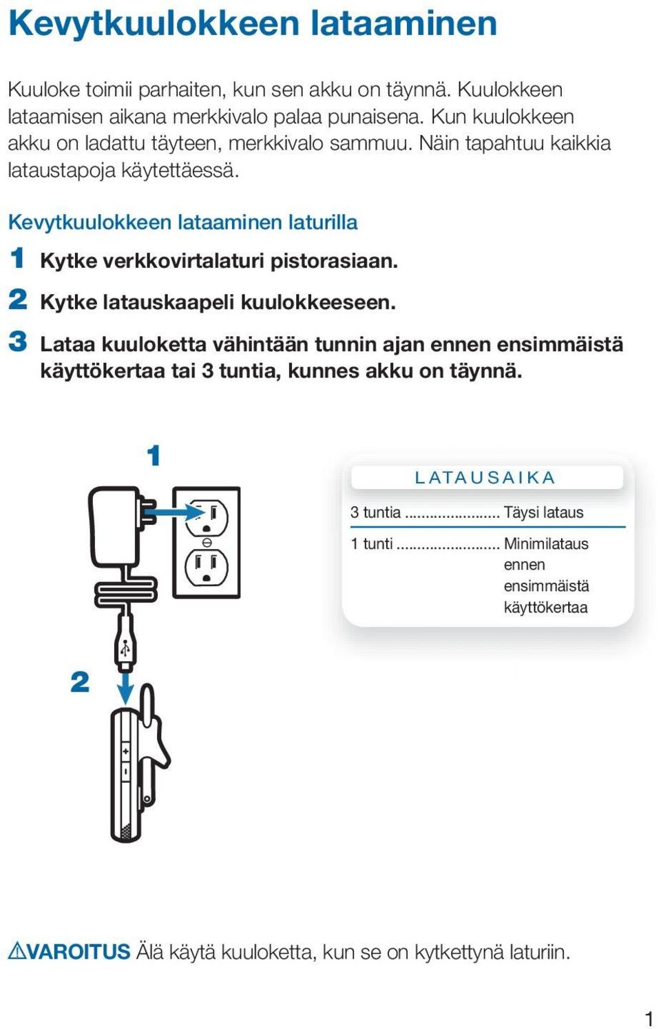 Kevytkuulokkeen lataaminen laturilla 1 Kytke verkkovirtalaturi pistorasiaan. 2 Kytke latauskaapeli kuulokkeeseen.