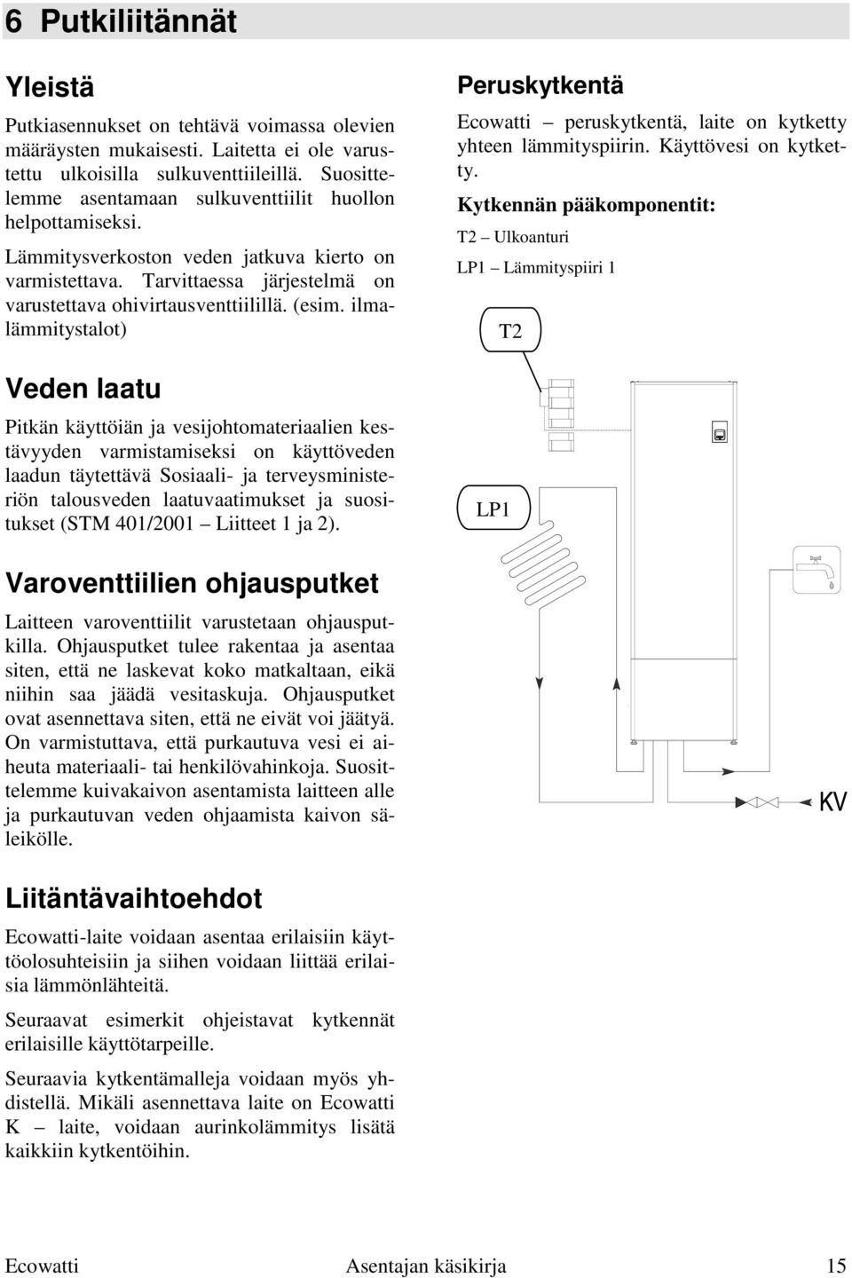 ilmalämmitystalot) Veden laatu Pitkän käyttöiän ja vesijohtomateriaalien kestävyyden varmistamiseksi on käyttöveden laadun täytettävä Sosiaali- ja terveysministeriön talousveden laatuvaatimukset ja