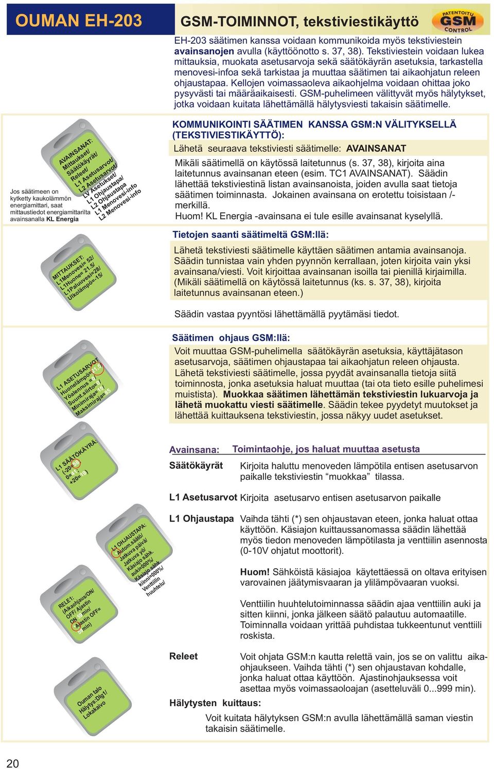 5/ L1Paluuvesi=28/ Ulkolämpö=-15/ GSM-TOIMINNOT, tekstiviestikäyttö EH-203 säätimen kanssa voidaan kommunikoida myös tekstiviestein avainsanojen avulla (käyttöönotto s. 37, 38).