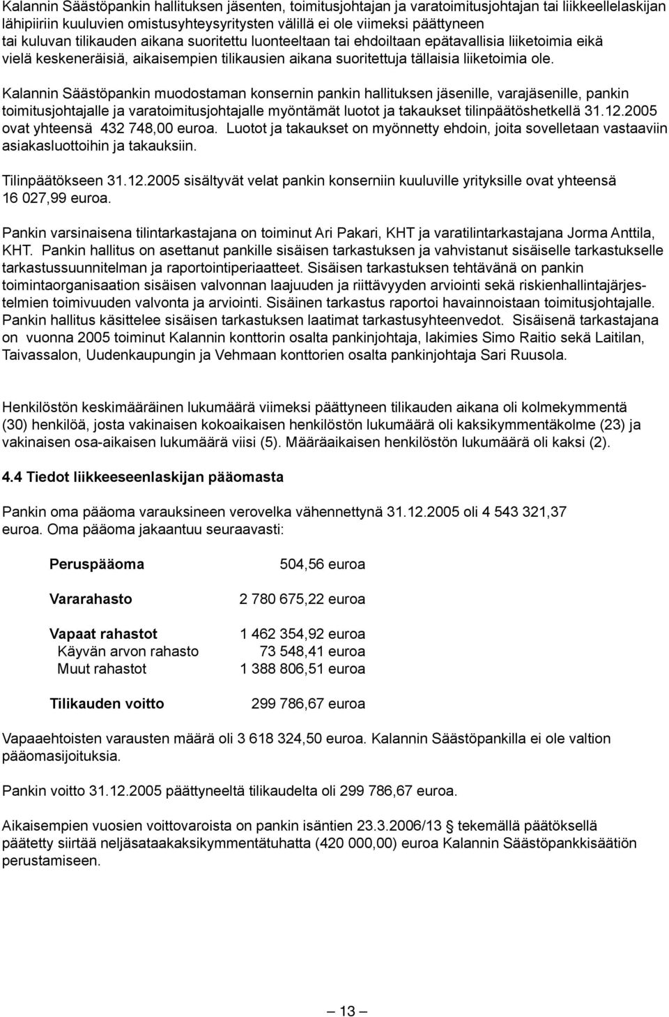 Kalannin Säästöpankin muodostaman konsernin pankin hallituksen jäsenille, varajäsenille, pankin toimitusjohtajalle ja varatoimitusjohtajalle myöntämät luotot ja takaukset tilinpäätöshetkellä 31.12.