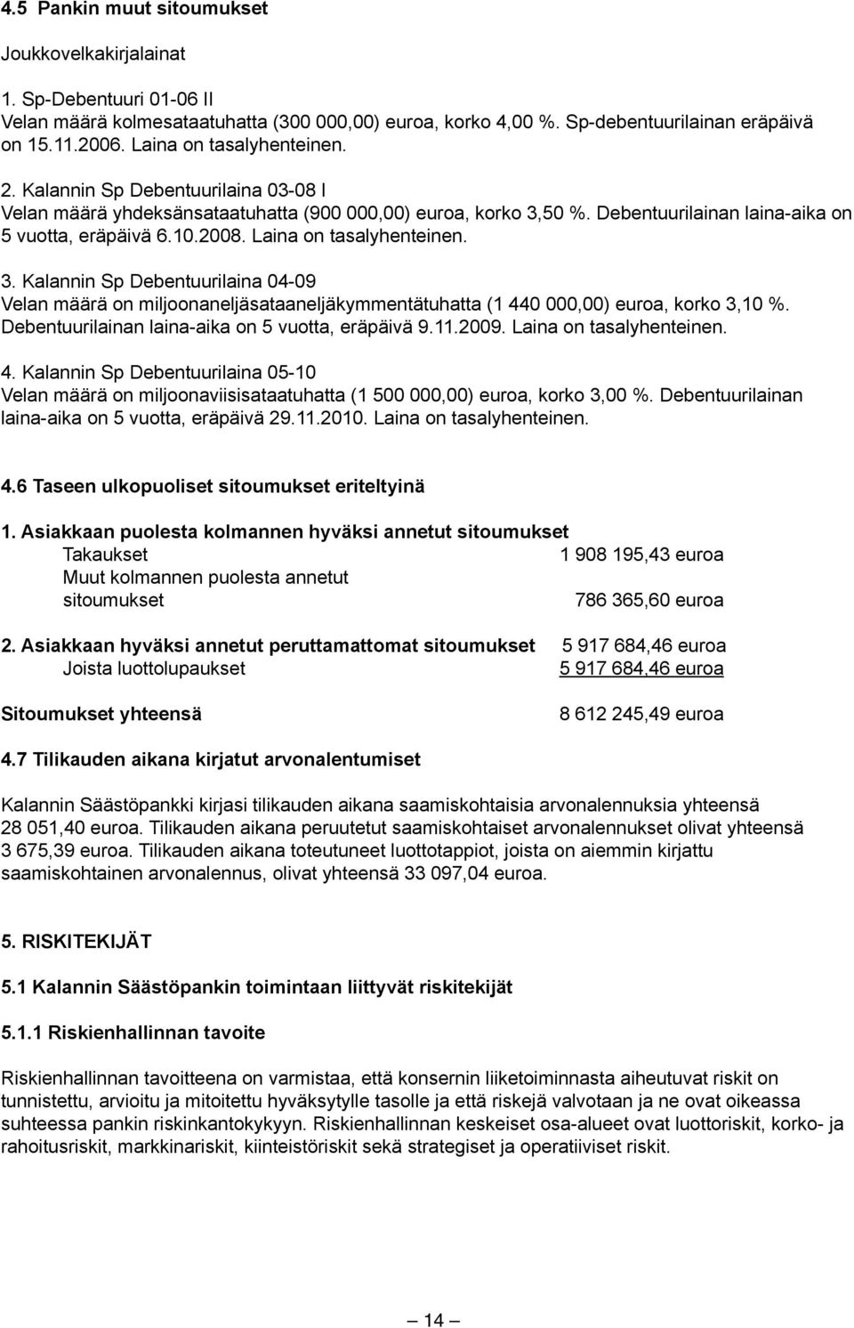 Laina on tasalyhenteinen. 3. Kalannin Sp Debentuurilaina 04-09 Velan määrä on miljoonaneljäsataaneljäkymmentätuhatta (1 440 000,00) euroa, korko 3,10 %.