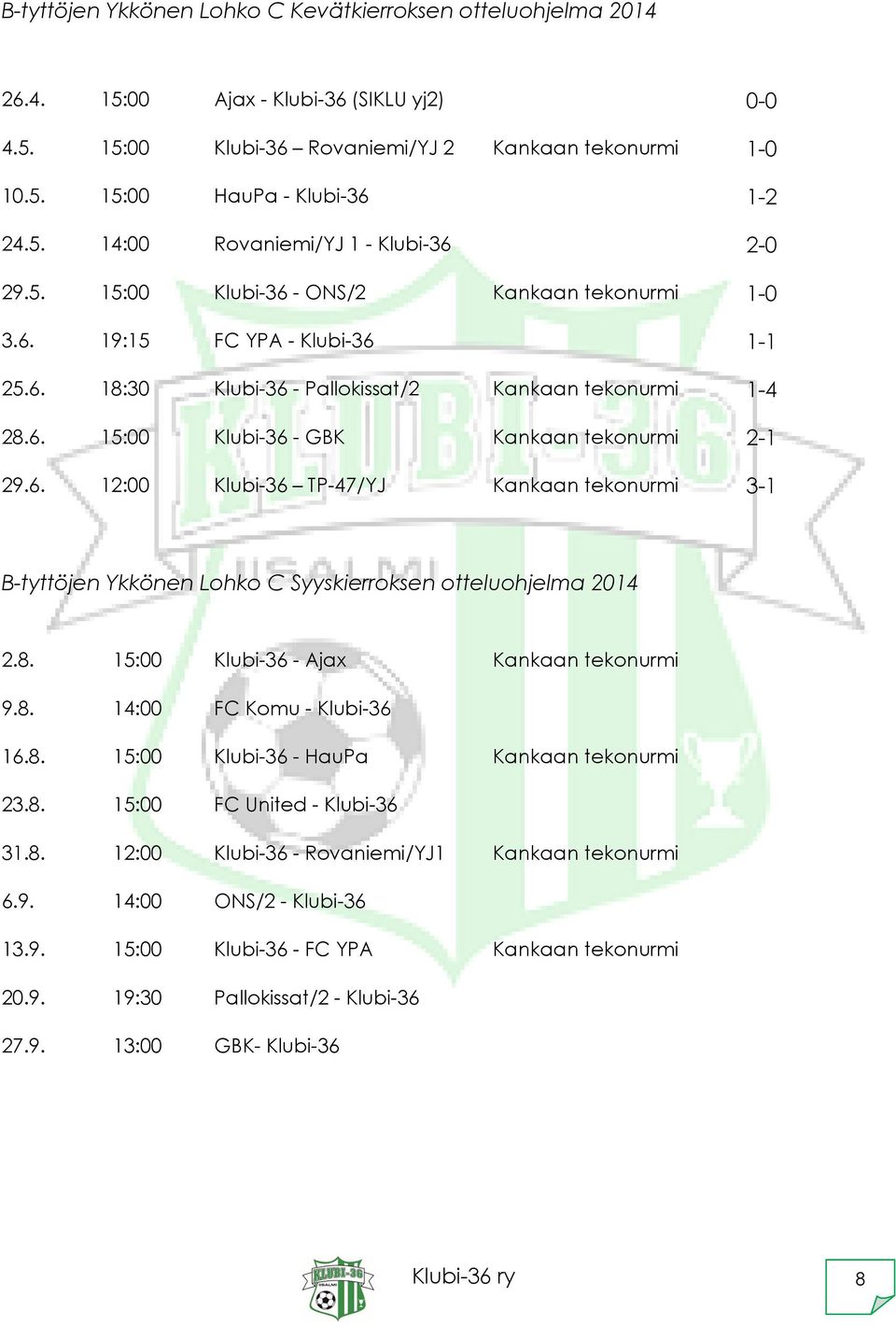 8. 15:00 Klubi-36 - Ajax Kankaan tekonurmi 9.8. 14:00 FC Komu - Klubi-36 16.8. 15:00 Klubi-36 - HauPa Kankaan tekonurmi 23.8. 15:00 FC United - Klubi-36 31.8. 12:00 Klubi-36 - Rovaniemi/YJ1 Kankaan tekonurmi 6.