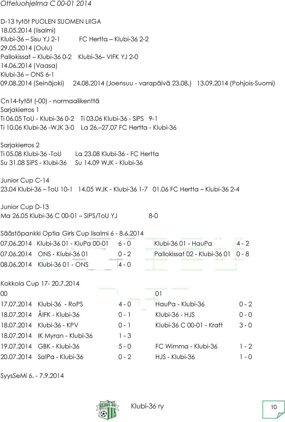 05 ToU - Klubi-36 0-2 Ti 03.06 Klubi-36 - SiPS 9-1 Ti 10.06 Klubi-36 -WJK 3-0 La 26. 27.07 FC Hertta - Klubi-36 Sarjakierros 2 Ti 05.08 Klubi-36 -ToU Su 31.08 SiPS - Klubi-36 La 23.