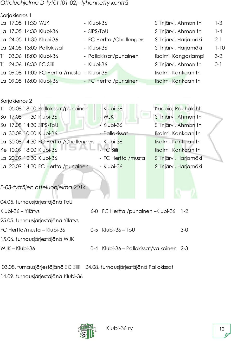 06 18:00 Klubi-36 - Pallokissat/punainen Iisalmi, Kangaslampi 3-2 Ti 24.06 18:30 FC Siili - Klubi-36 Siilinjärvi, Ahmon tn 0-1 La 09.08 11:00 FC Hertta /musta - Klubi-36 Iisalmi, Kankaan tn La 09.