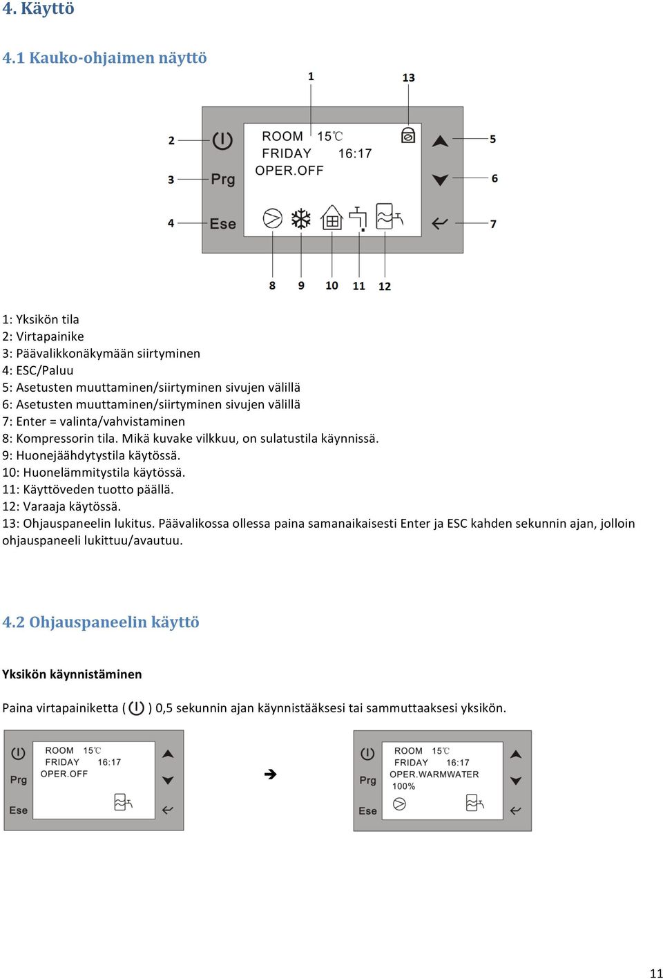 muuttaminen/siirtyminen sivujen välillä 7: Enter = valinta/vahvistaminen 8: Kompressorin tila. Mikä kuvake vilkkuu, on sulatustila käynnissä. 9: Huonejäähdytystila käytössä.