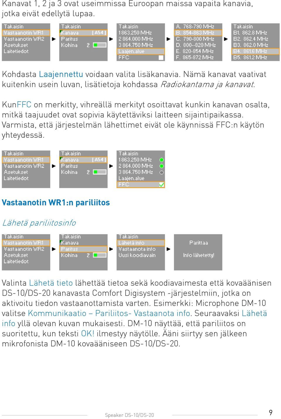 KunFFC on merkitty, vihreällä merkityt osoittavat kunkin kanavan osalta, mitkä taajuudet ovat sopivia käytettäviksi laitteen sijaintipaikassa.