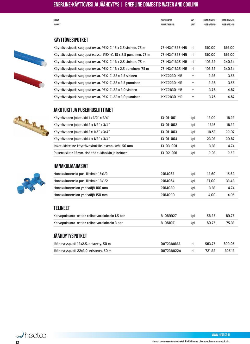 suojaputkessa, PEX-C, 18 x 2,5 punainen, 75 m 75-MXC1825-MR rll 193,82 240,34 Käyttövesiputki suojaputkessa, PEX-C, 22 x 2,5 sininen MXC2230-MB m 2,86 3,55 Käyttövesiputki suojaputkessa, PEX-C, 22 x