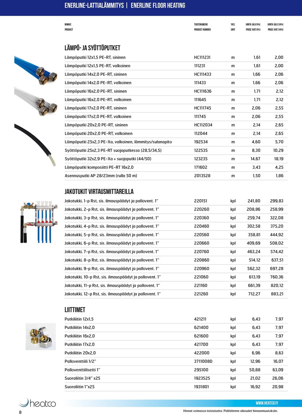 Lämpöputki 17x2,0 PE-RT, sininen HC111745 m 2,06 2,55 Lämpöputki 17x2,0 PE-RT, valkoinen 111745 m 2,06 2,55 Lämpöputki 20x2,0 PE-RT, sininen HC112034 m 2,14 2,65 Lämpöputki 20x2,0 PE-RT, valkoinen