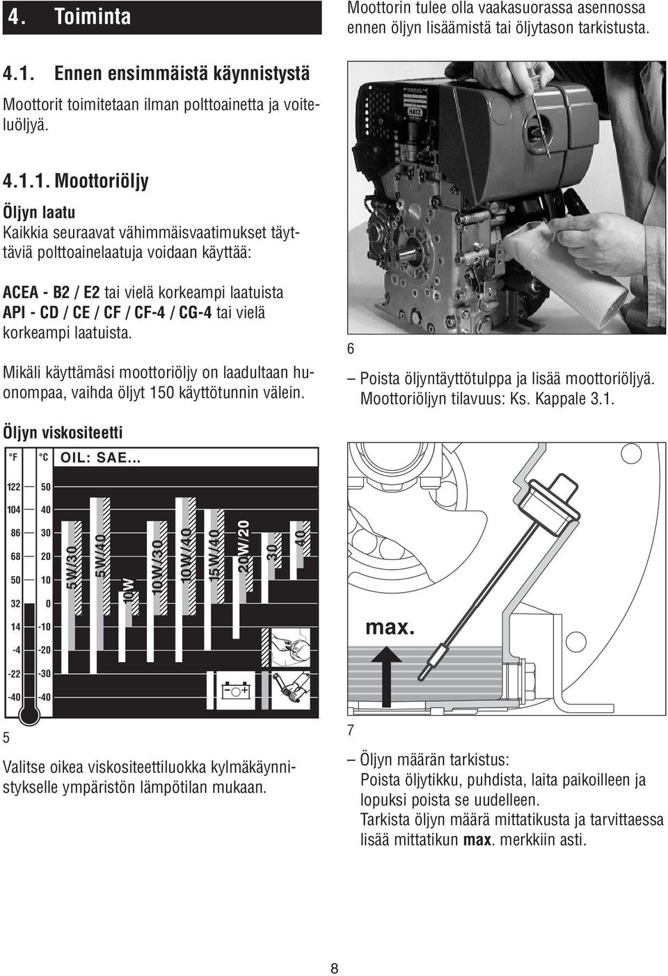 1. Moottoriöljy Öljyn laatu Kaikkia seuraavat vähimmäisvaatimukset täyttäviä polttoainelaatuja voidaan käyttää: ACEA - B2 / E2 tai vielä korkeampi laatuista API - CD / CE / CF / CF-4 / CG-4 tai vielä