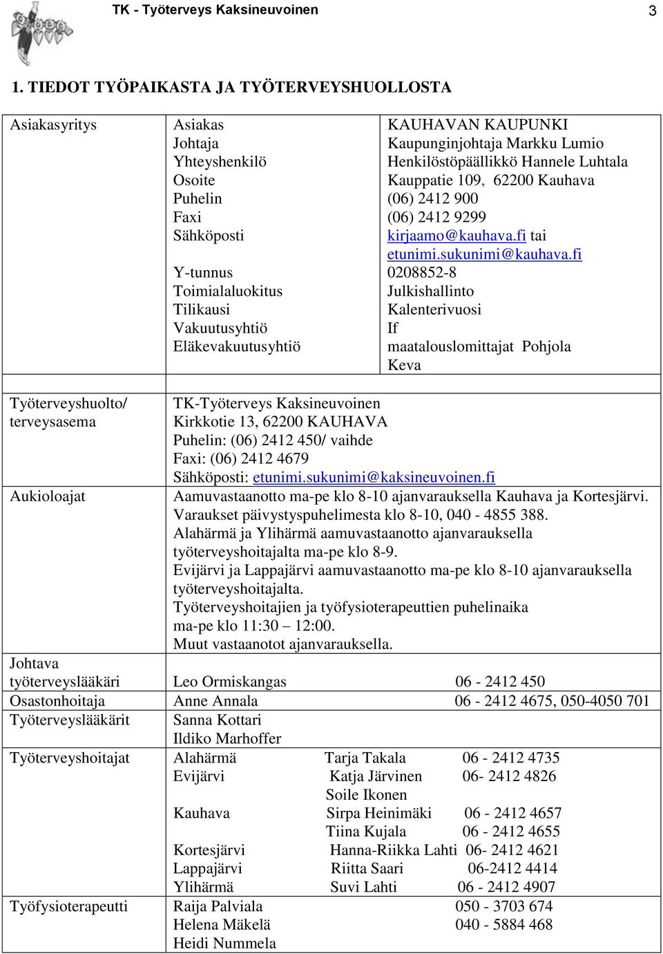 KAUPUNKI Kaupunginjohtaja Markku Lumio Henkilöstöpäällikkö Hannele Luhtala Kauppatie 109, 62200 Kauhava (06) 2412 900 (06) 2412 9299 kirjaamo@kauhava.fi tai etunimi.sukunimi@kauhava.