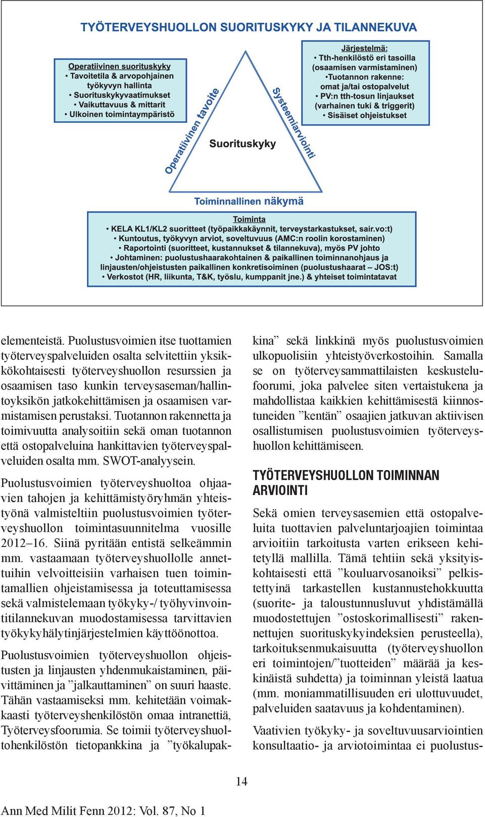 osaamisen varmistamisen perustaksi. Tuotannon rakennetta ja toimivuutta analysoitiin sekä oman tuotannon että ostopalveluina hankittavien työterveyspalveluiden osalta mm. SWOT-analyysein.