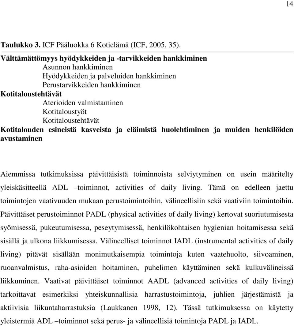 Kotitaloustyöt Kotitaloustehtävät Kotitalouden esineistä kasveista ja eläimistä huolehtiminen ja muiden henkilöiden avustaminen Aiemmissa tutkimuksissa päivittäisistä toiminnoista selviytyminen on