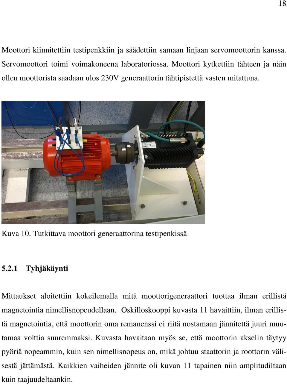 0V generaattorin tähtipistettä vasten mitattuna. Kuva 10. Tutkittava moottori generaattorina testipenkissä 5.2.