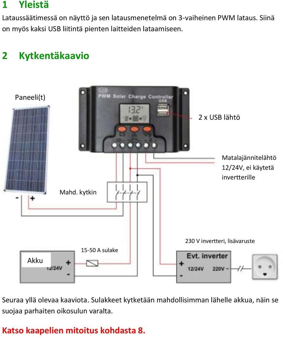 kytkin Matalajännitelähtö 12/24V, ei käytetä invertterille Akku 15-50 A sulake 230 V invertteri, lisävaruste Seuraa